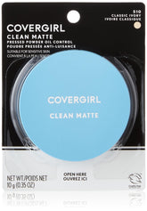 CoverGirl Clean Matte pressed powder compact demonstrates matte finish and oil control for all-day shine-free skin.