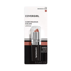 Close-up of Bronzed Glow lipstick tube highlighting long-lasting color.