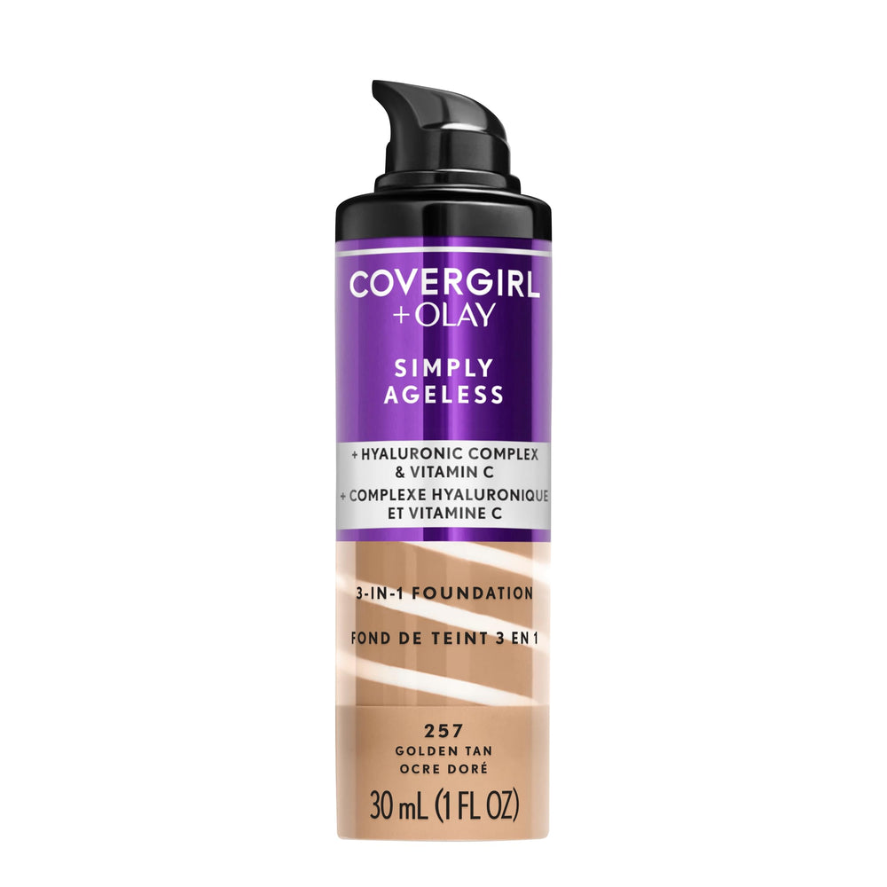 CoverGirl Olay Simply Ageless foundation bottle showing 3-in-1 formula for smoother skin