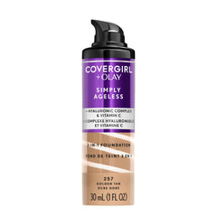 CoverGirl Olay Simply Ageless foundation bottle showing 3-in-1 formula for smoother skin