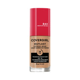 Covergirl Outlast Extreme Wear bottle close-up, lightweight formula for all-day wear.