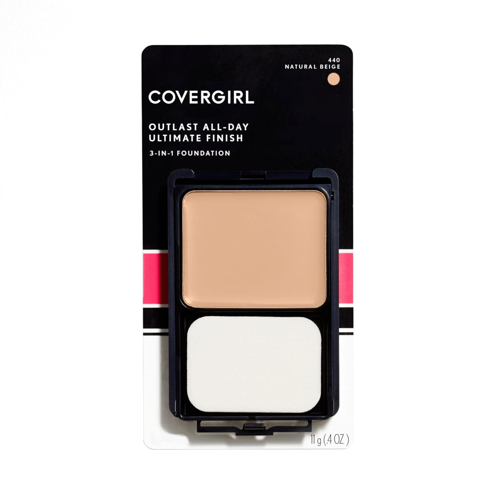 CoverGirl Outlast foundation natural beige compact showing three-in-one formula for easy, seamless coverage