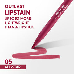 CoverGirl Outlast Lipstain 05 All-Star, acabado satinado suave para look natural.