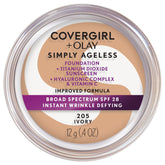 COVERGIRL Simply Ageless Foundation, imagen del bote, aplicación suave.