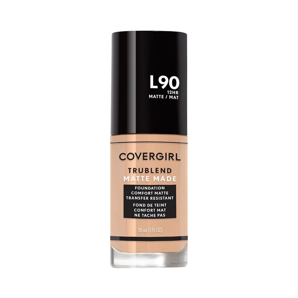 CoverGirl TruBlend foundation bottle closeup, showcasing smooth matte finish for daily wear