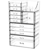 CQ Acrylic clear makeup organizer top drawer keeps daily cosmetics within easy reach.