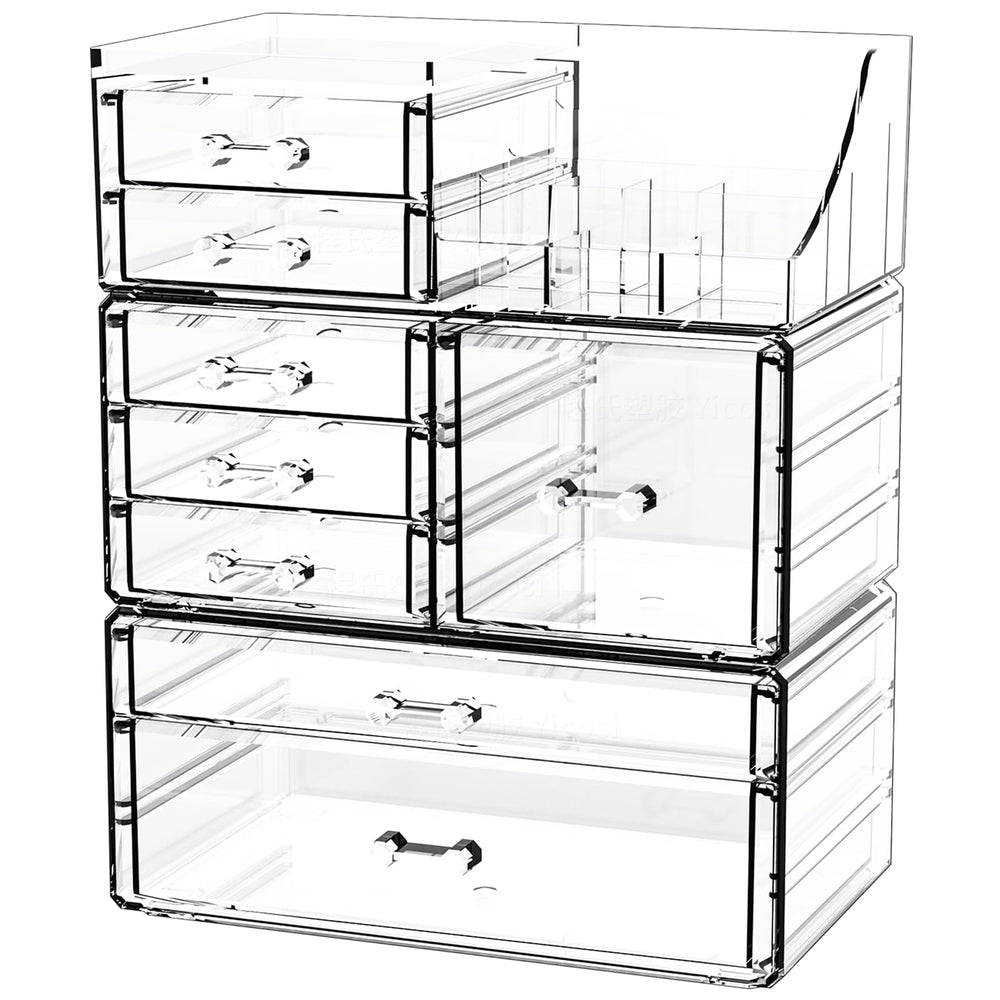 Cq acrylic clear makeup organizer top view showing 8-compartment top tray for palettes