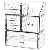 Cq acrylic clear makeup organizer top view showing 8-compartment top tray for palettes