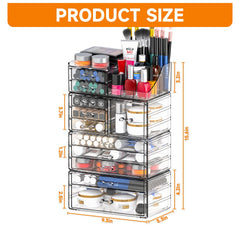 CQ Acrylic multi-compartment cosmetic organizer stores palettes, lipsticks, and skincare neatly.