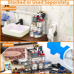 CQ Acrylic stackable makeup organizer with drawers saves vanity space and keeps brushes organized.