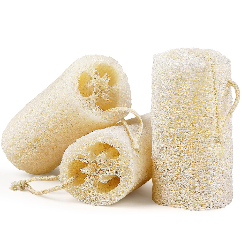 Createjoya natural loofah sponge set of three for gentle exfoliation.