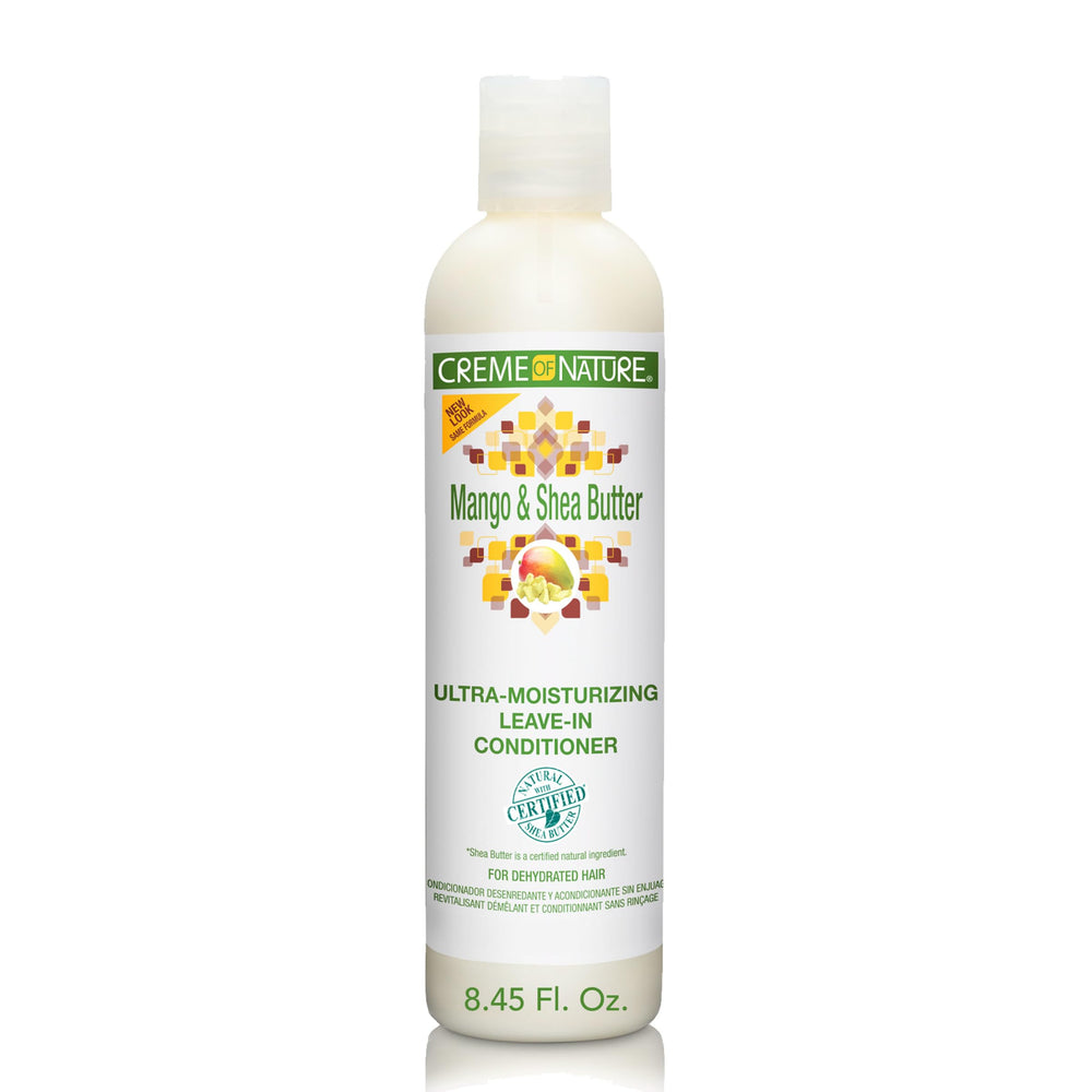 Botella de Creme of Nature Mango y Shea Butter, ideal para hidratación diaria.