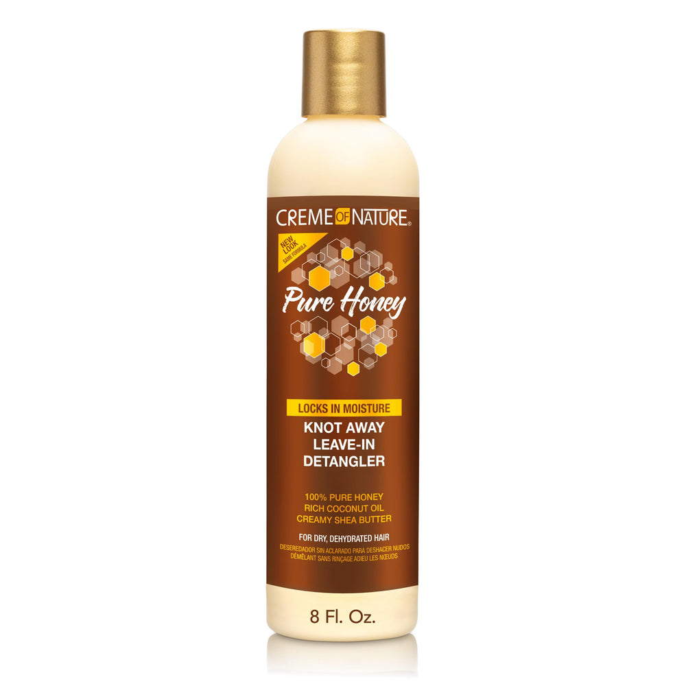 Creme of Nature Pure Honey Knot Away Leave-In Detangler bottle detangles knots for smoother styling.