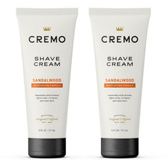 Cremo Barber Grade Sandalwood shave cream bottle front for a smooth, close shave.