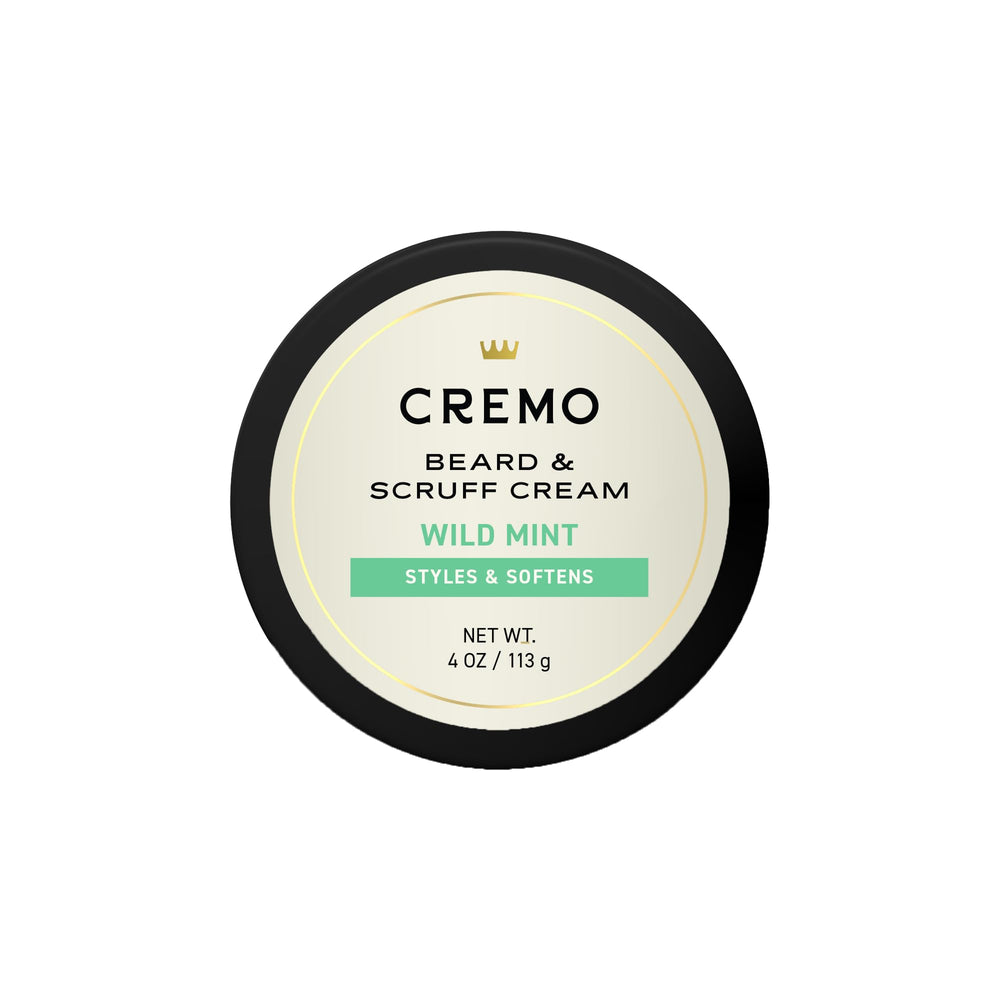 Cremo Beard and Scruff Cream wild mint packaging for refreshed grooming.