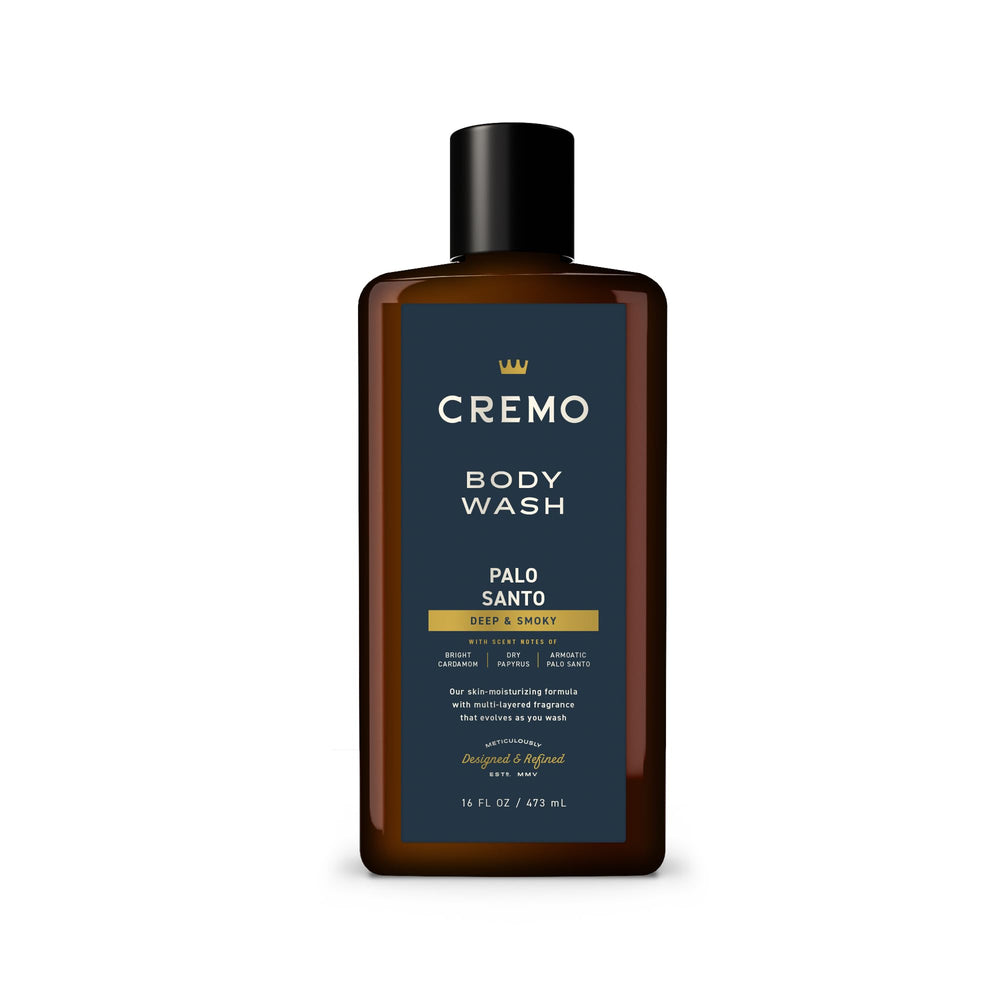 Cremo Gel de ducha para hombre, botella de Palo Santo, fragancia elegante y limpieza suave.