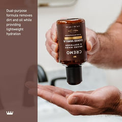 Cremo Casked Vanilla Beard Softener being applied — lightweight hydration without greasiness