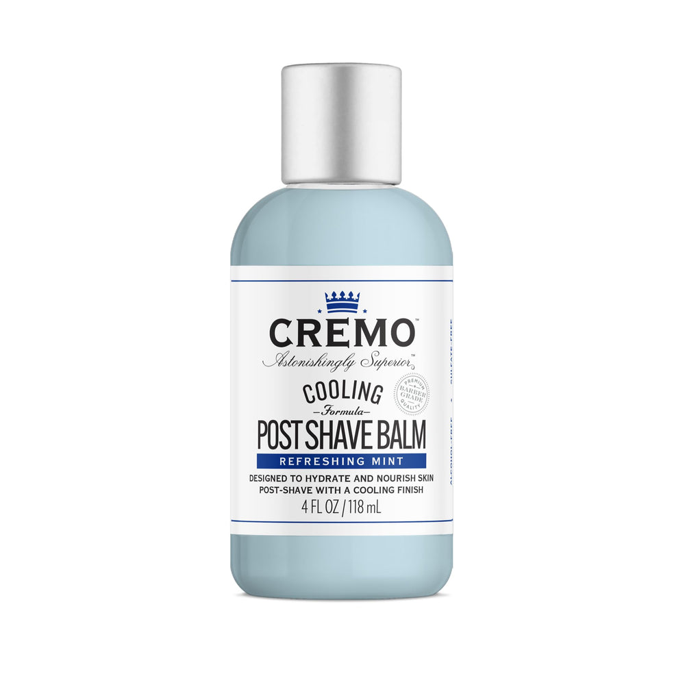 Cremo Cooling Formula Post Shave Balm bottle pouring to show quick hydration