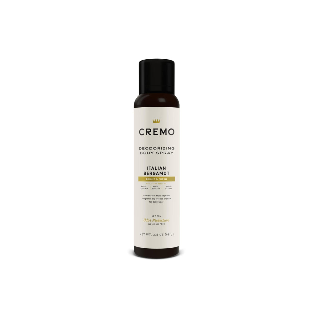 Cremo Italian Bergamot Body Spray bottle shown for all-day refined freshness.