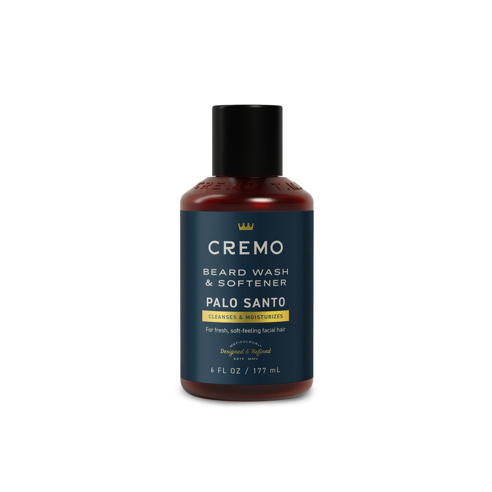 Cremo Palo Santo beard wash bottle front view with smoky scent and lightweight hydration.