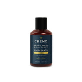Cremo Palo Santo beard wash bottle front view with smoky scent and lightweight hydration.