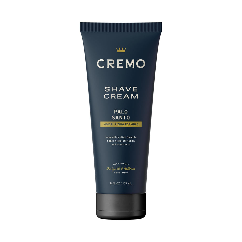 Cremo Palo Santo shave cream bottle front view for a smooth, close shave.