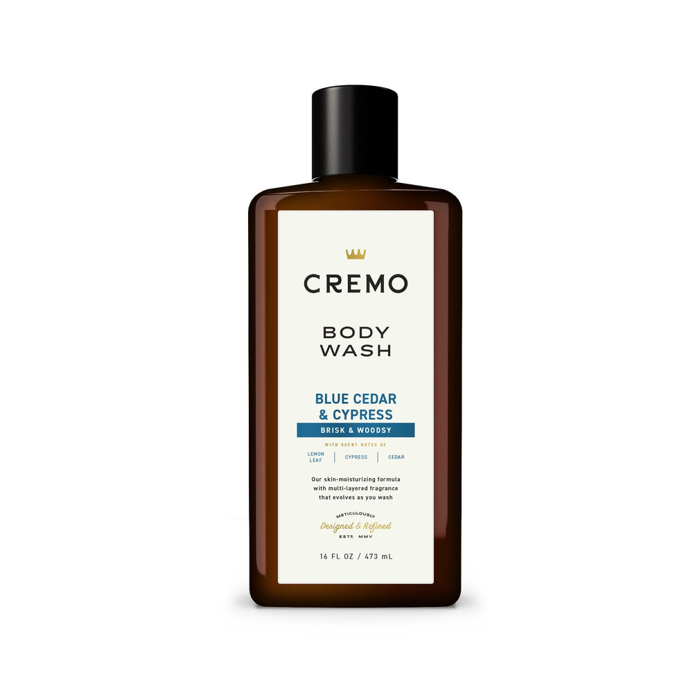 Cremo rich-lathering Cypress and Cedar body wash bottle delivers a luxurious cleanse.