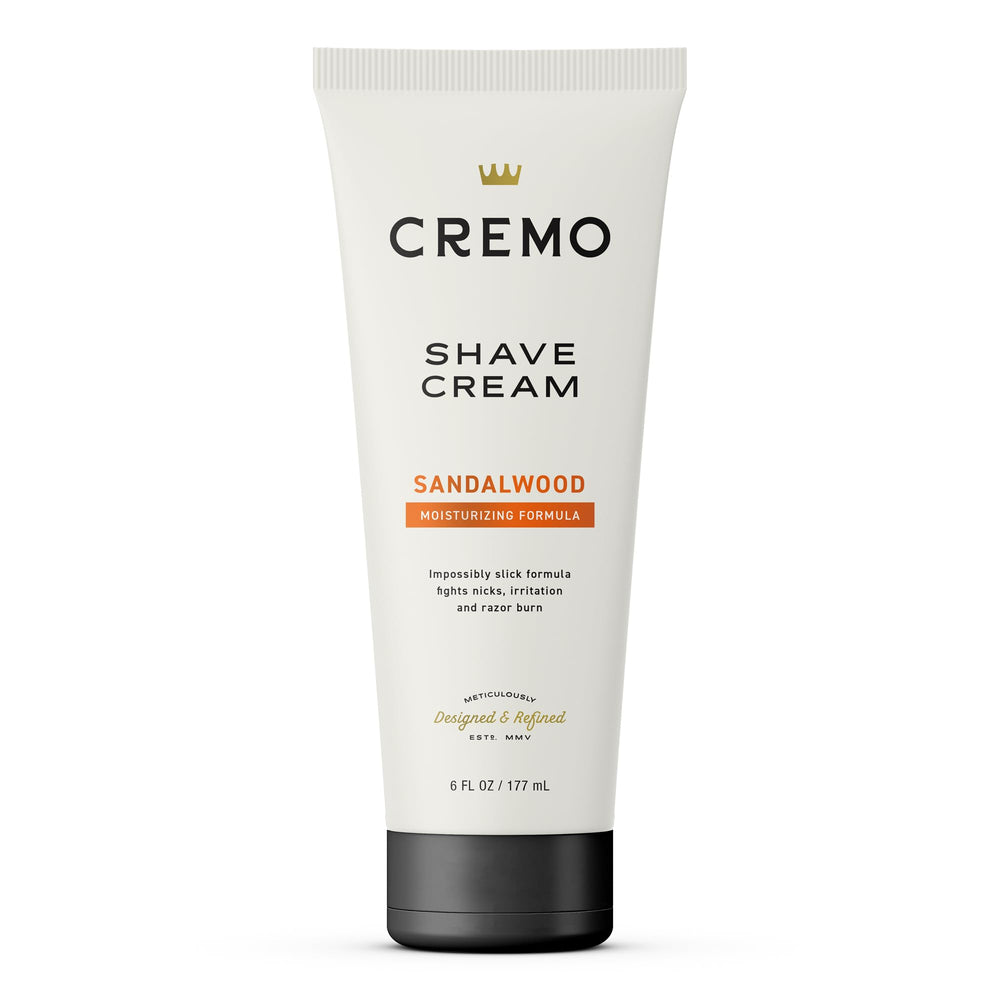Cremo Sandalwood Shave Cream bottle offers slick glide for a close shave.