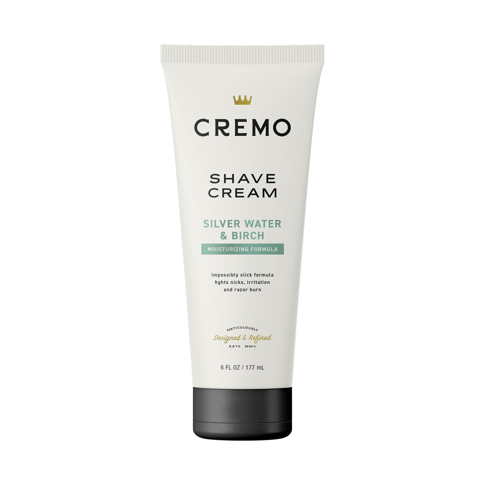 Cremo Silver Water & Birch shave cream bottle for a barber-grade, ultra-slick shave.