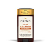 Cremo Spice & Black Vanilla desodorante para hombre, frasco elegante y protección duradera.