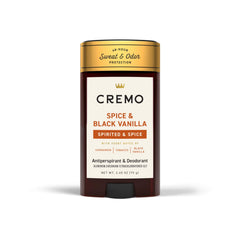Cremo Spice & Black Vanilla desodorante para hombre, frasco elegante y protección duradera.