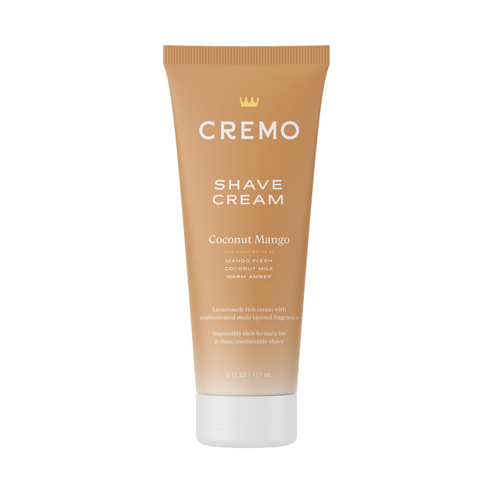 Cremo shaving cream bottle with coconut mango scent for a smooth, close shave