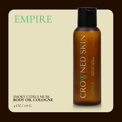 Crowned Skin Empire Body Oil label highlighting lemon and lavender notes and premium care