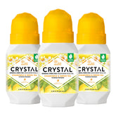 Crystal Essence mineral deodorant roll-on bottle with aluminum-free protection for all-day odor control.