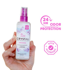 Crystal Essence desodorante mineral en spray, aplicación de 2-4 pulsos para axilas.