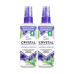 Desodorante Crystal Essence en spray con lavanda y té, aroma suave para el día