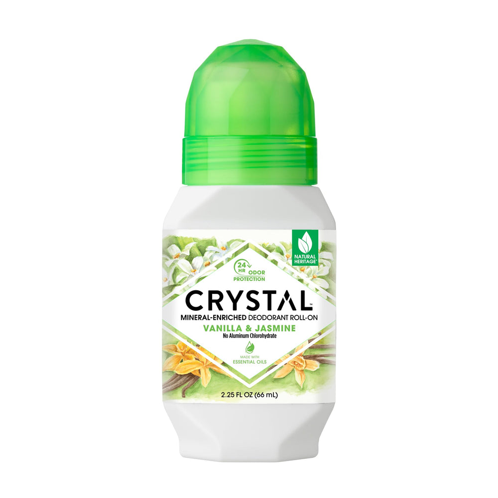 Crystal Essence desodorante mineral rodillo Vainilla Jazmín en botella, protección natural contra el olor.