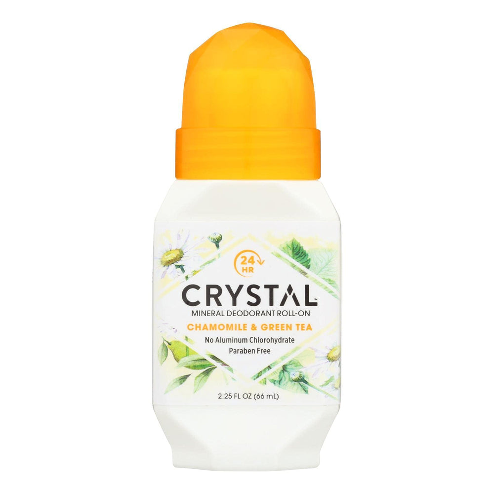 Crystal Essence mineral deodorant roll-on chamomile and green tea bottle provides long-lasting odor protection.