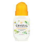Crystal Essence mineral deodorant roll-on chamomile and green tea bottle provides long-lasting odor protection.