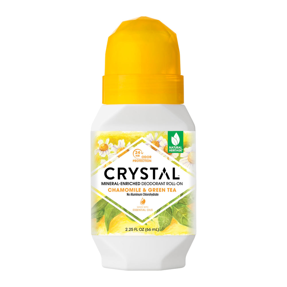 Crystal Essence mineral roll-on bottle shows chamomile and green tea scent for all-day odor control.