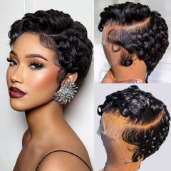CRYSTALHAIR short curly pixie wig front view with natural 13x4 lace front for easy styling