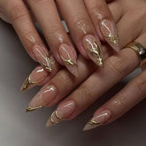 CTTHNBD gold almond press-on nails with 3D chrome finish for a salon-like look.