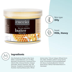 Cuccio Milk and Honey Butter Blend jar close-up reveals creamy texture for quick absorption