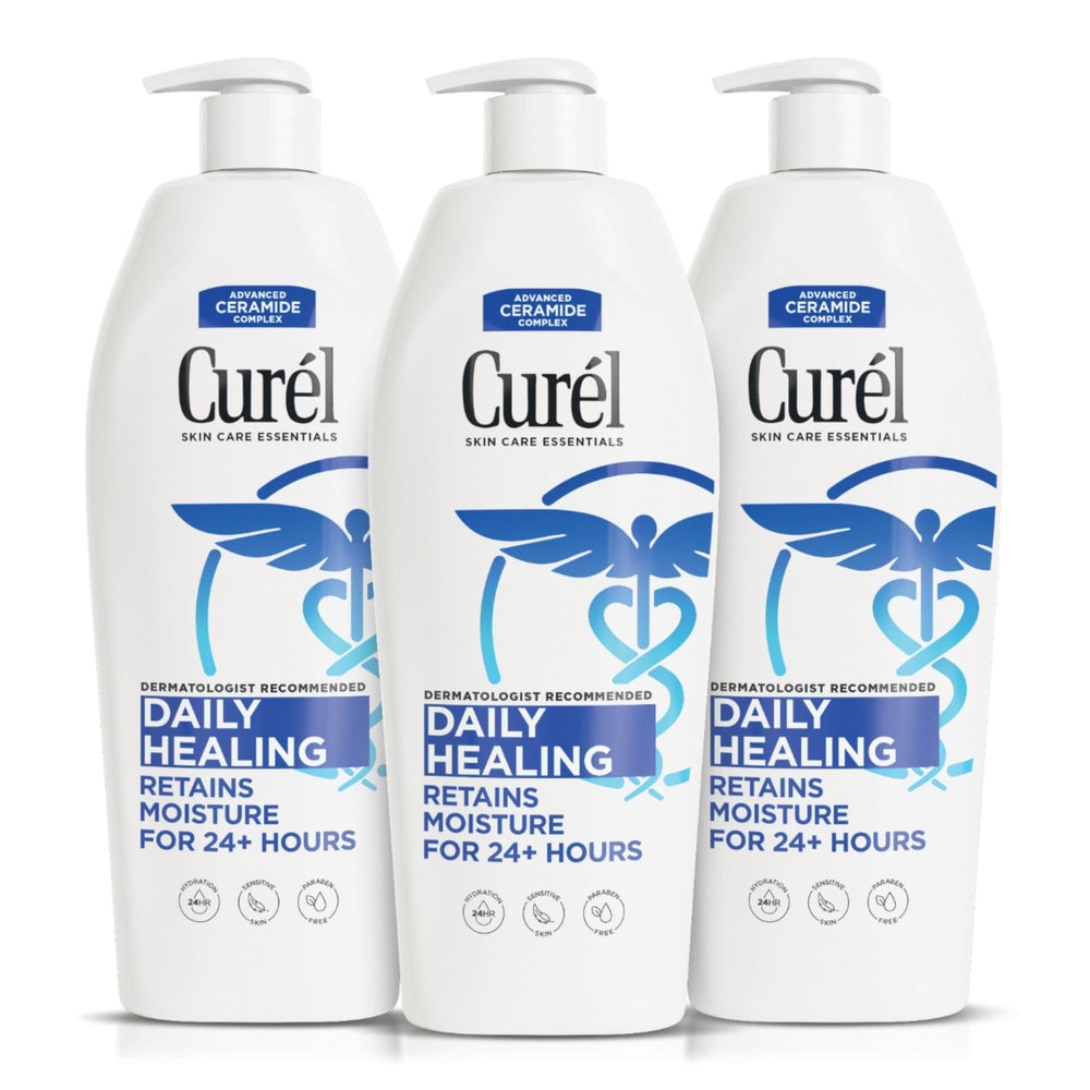 Curel Daily Healing bottle pour showing easy, mess-free application.