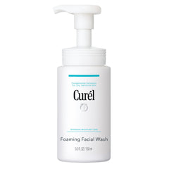 Curel foaming face wash bottle close-up showing gentle cleansing for dry skin