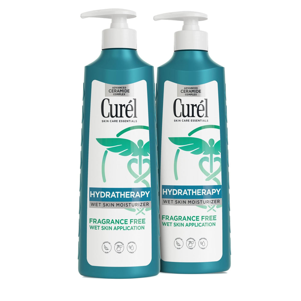 Curel Hydra Therapy wet-skin lotion bottle on shelf for in-shower hydration