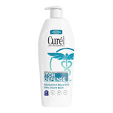 Curél Itch Defense crema en botella, hidratación profunda para piel seca.