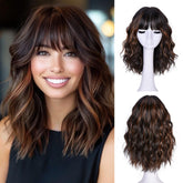 CURLCRAZY short wavy wig with bangs with brown highlight for instant volume.