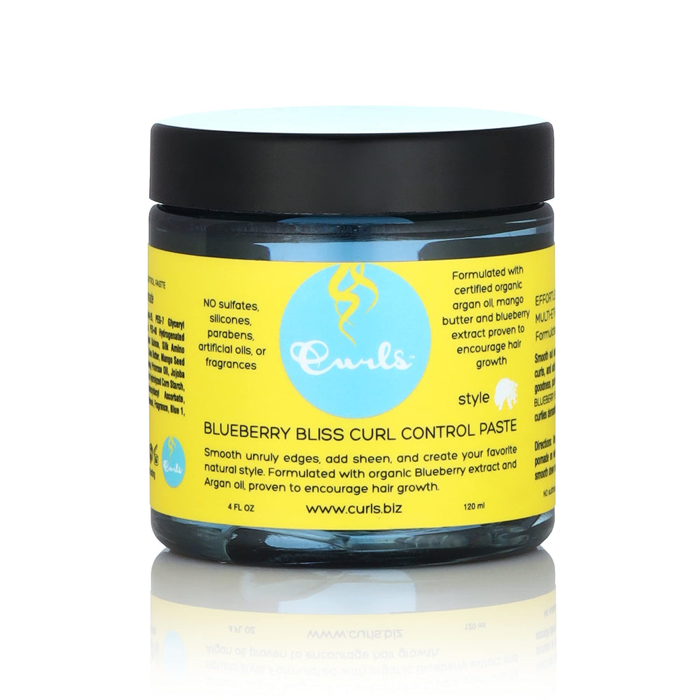 Curls Blueberry Bliss Control Paste en botella 4 oz para bordes suaves y brillo natural.
