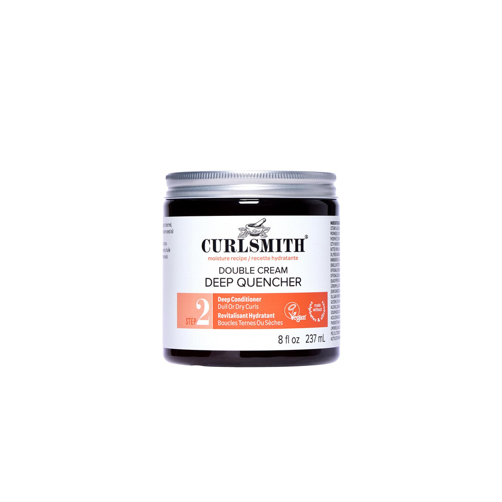 Curlsmith Double Cream Deep Quencher jar front shows rich moisture for dry curls.